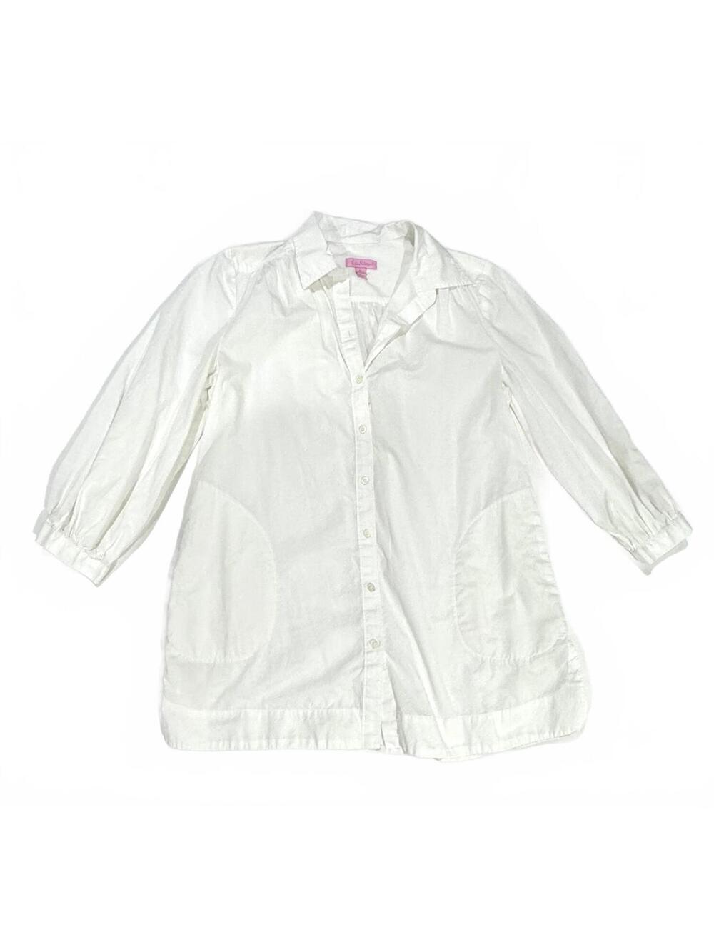Lilly Pulitzer Lesia White Button Down Blouse Medium 3/4 Balloon Sleeve